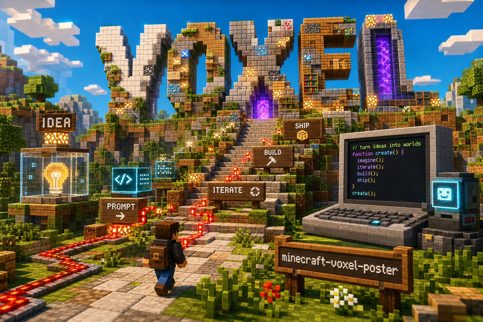 明亮体素世界海报，方块建筑组成 Voxel 字样
